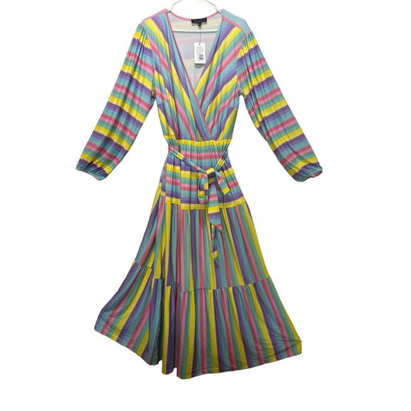 ELOQII Maxi Dress Womens 18 Easter Colorful Striped Tiered Ballon Long Sleeves - Picture 4 of 16